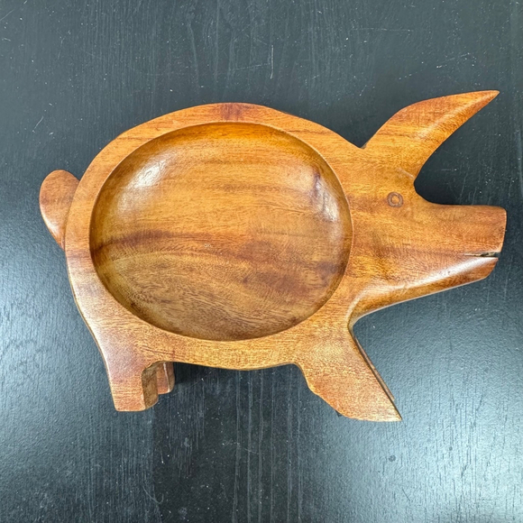 Vintage MCM Hand Carved Wooden Pig Bowl Rustic Decor Trinket Serving Farmhouse - Picture 1 of 10